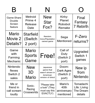 Nintendo Direct 9/12/2025 Bingo Card