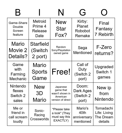 Nintendo Direct 9/12/2025 Bingo Card
