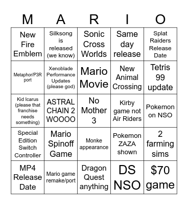 Nintendo Direct Bingo Card