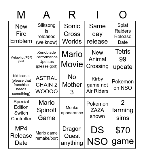 Nintendo Direct Bingo Card