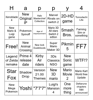 9-12-25 Nintendo Direct Bingo Card