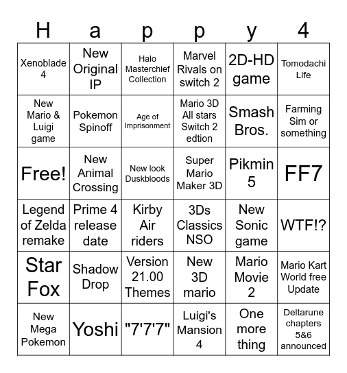 9-12-25 Nintendo Direct Bingo Card