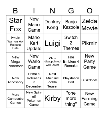 Nintendoooo Direct Bingo Card