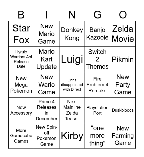 Nintendoooo Direct Bingo Card
