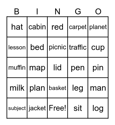 Short Vowel Bingo Card
