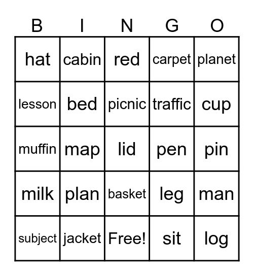 Short Vowel Bingo Card