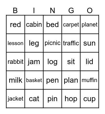 Short Vowel Bingo Card