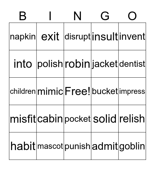 Multi syllable Bingo Card
