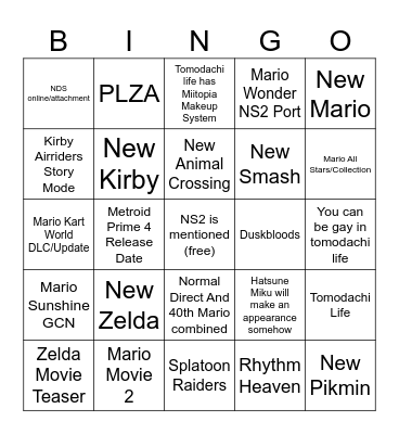 Nintendo Direct Bingo Card