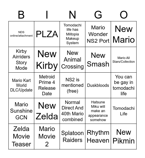 Nintendo Direct Bingo Card