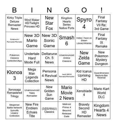 Nintendo Direct Bingo Card