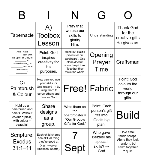 Bezalel the Craftsman Bingo Card