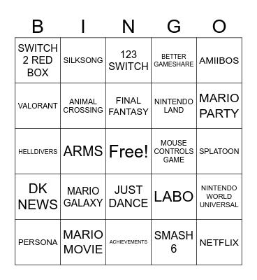 NINTENDO DIRECT Bingo Card