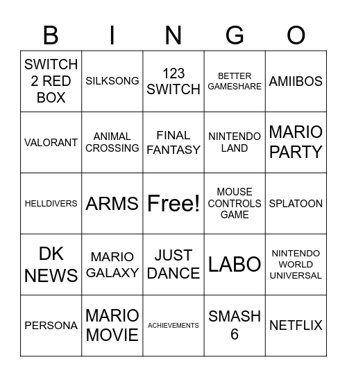 NINTENDO DIRECT Bingo Card