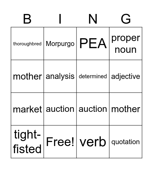 War Horse Bingo Card