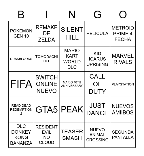 Nintendo Direct 12/09/2025 Bingo Card