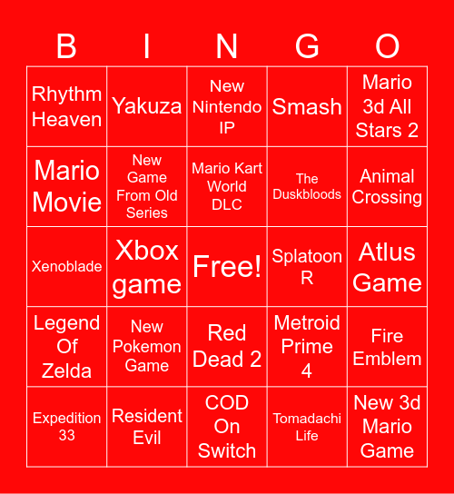 Nintendo Direct Bingo Card