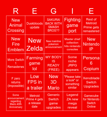 BIG BOY NINTENDO DIRECT 2025 Bingo Card