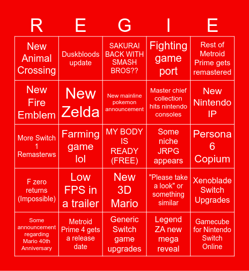 BIG BOY NINTENDO DIRECT 2025 Bingo Card