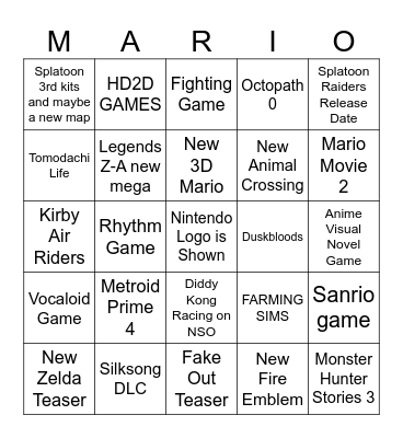 9/12 Nintendo Direct Bingo Card