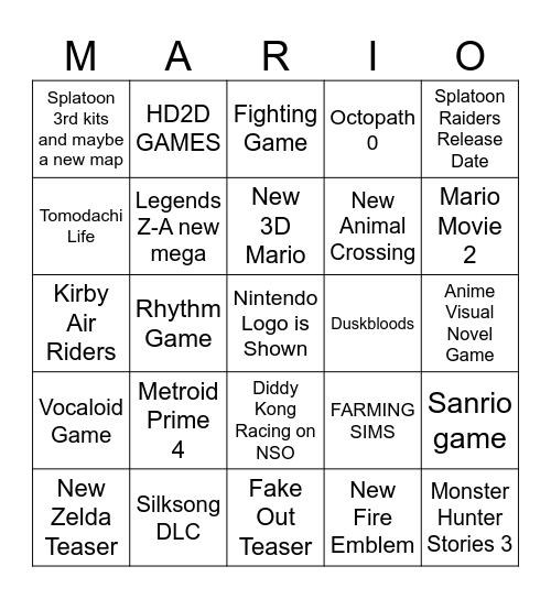 9/12 Nintendo Direct Bingo Card