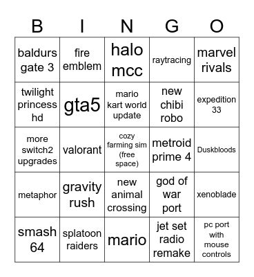 nintendo direct 9/12/2025 Bingo Card