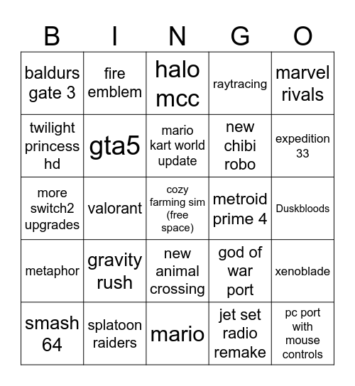 nintendo direct 9/12/2025 Bingo Card