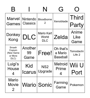 Nintendo Direct Bingo Card