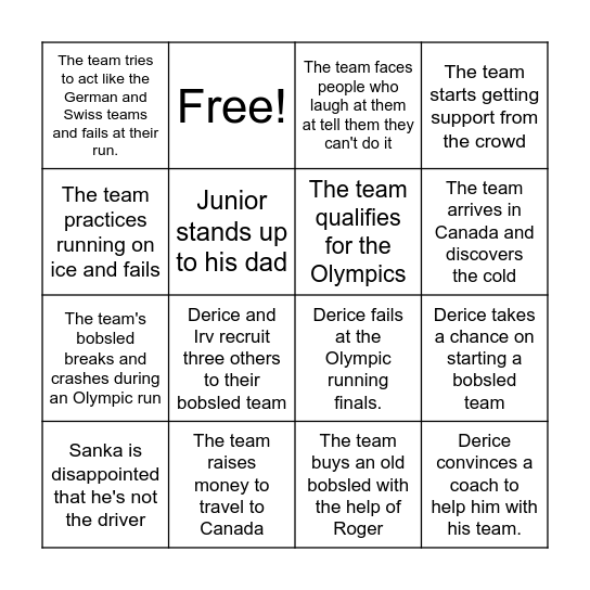Cool Runnings Bingo Card