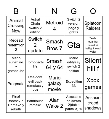 Nintendo Direct 9.12.2025 Bingo Card