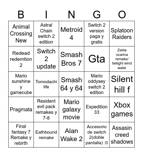 Nintendo Direct 9.12.2025 Bingo Card