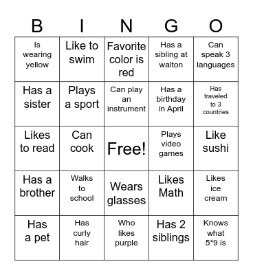 Get to know your classmates Bingo Card