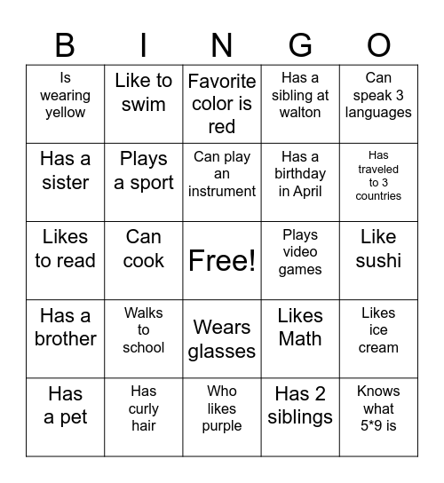 Get to know your classmates Bingo Card