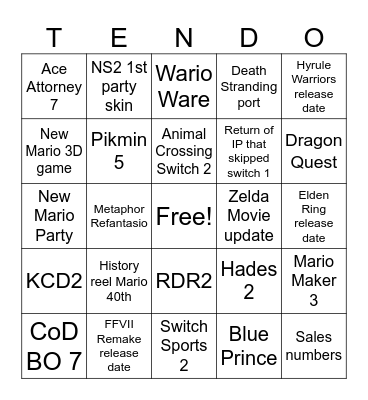 Tendo 9.12.25 Bingo Card