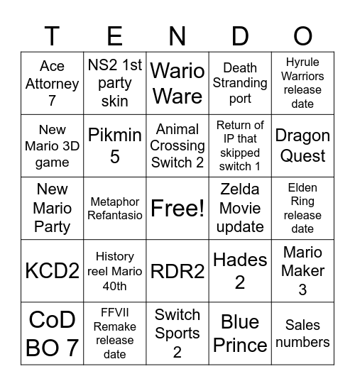 Tendo 9.12.25 Bingo Card