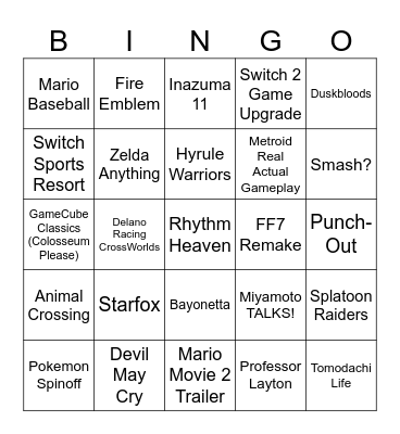 Nintendo Direct 9/12 Bingo Card