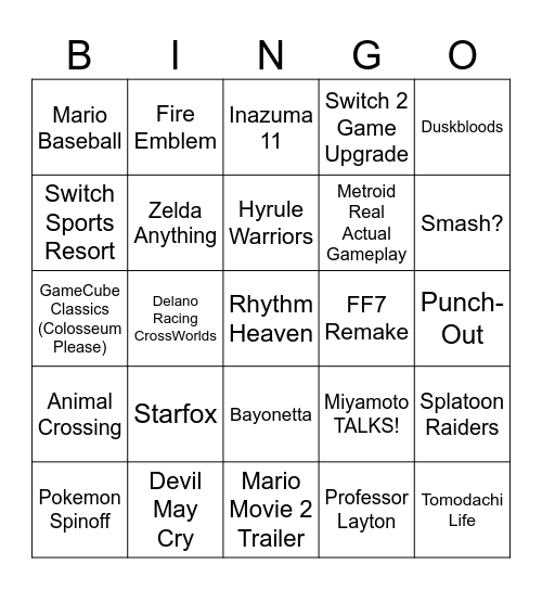 Nintendo Direct 9/12 Bingo Card
