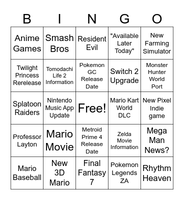 Nintendo Direct 9/12/2025 Bingo Card