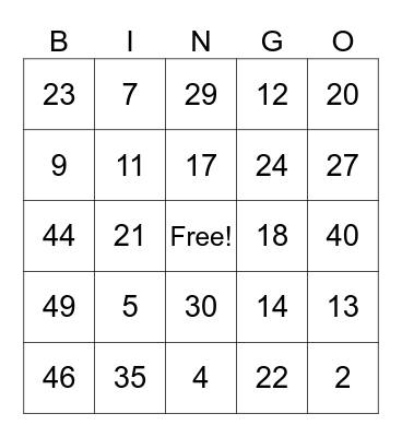 NUMBER BINGO Card