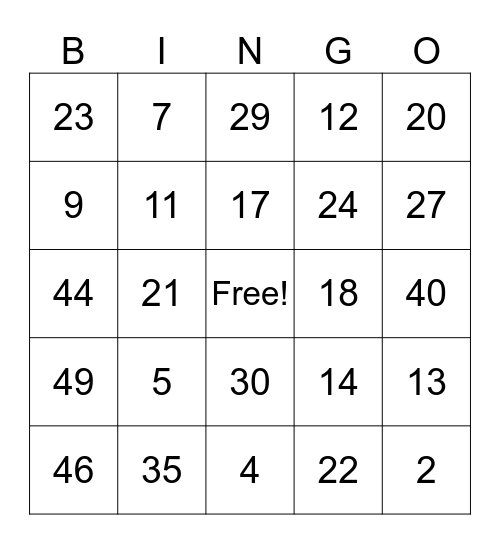 NUMBER BINGO Card