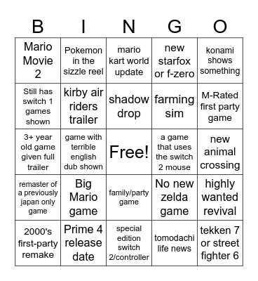 9/12 Nintendo Direct Bingo Card