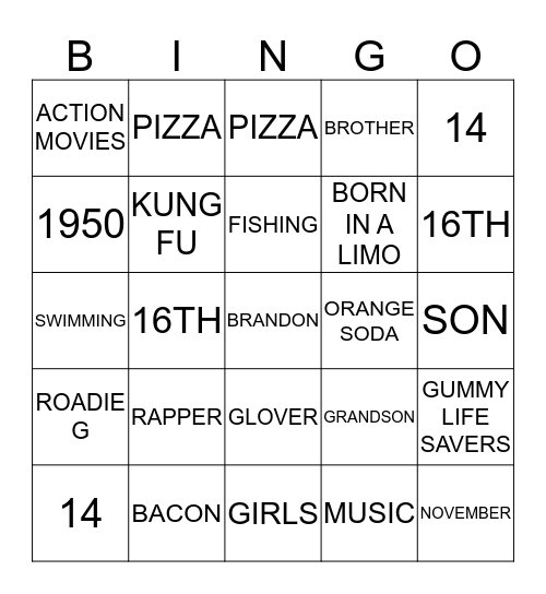 BRANDON'S BIRTHDAY EDITION Bingo Card