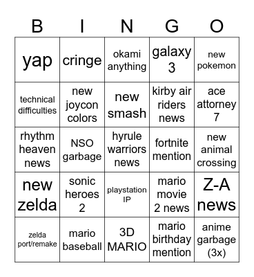 nintendo direct 9.12.2025 Bingo Card