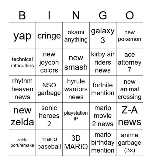 nintendo direct 9.12.2025 Bingo Card