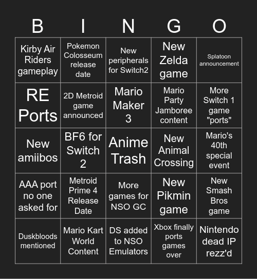 NEINtendo Direct Bingo Card