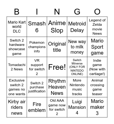 Nintendo direct Bingo Card