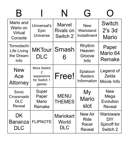 9/12 Nintendo Direct Bingo Card