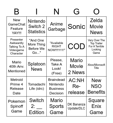 Nintendo Direct Bingo September 12th, 2025 Bingo Card