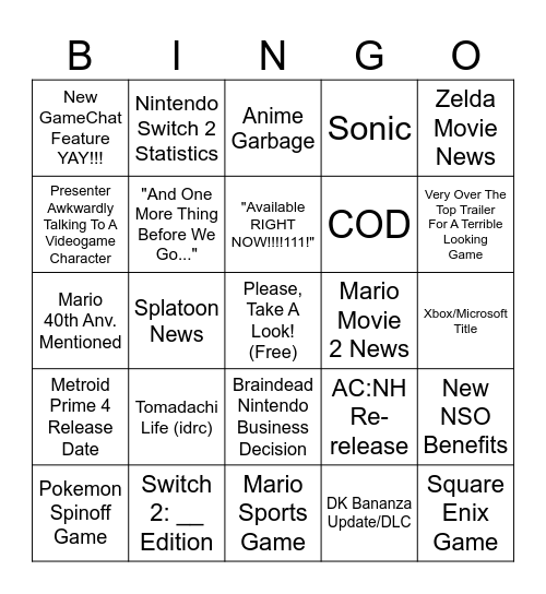 Nintendo Direct Bingo September 12th, 2025 Bingo Card