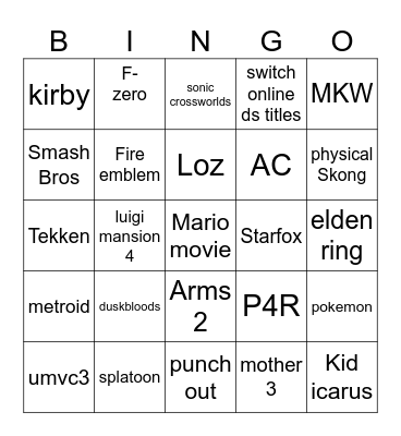 nintendo direct Bingo Card